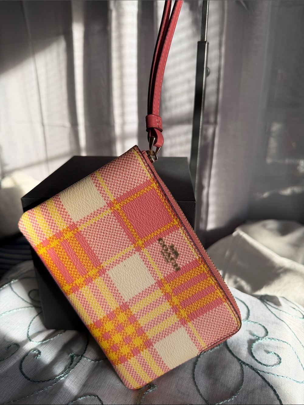 Coach Pink Yellow Plaid Wristlet